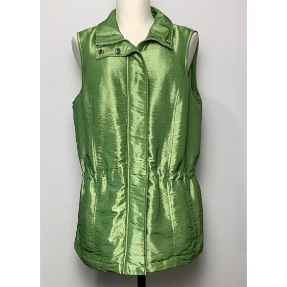 Coldwater Creek Womens Green Sleeveless Shiny Vest Jacket Full Zip Snap Medium - Picture 1 of 16